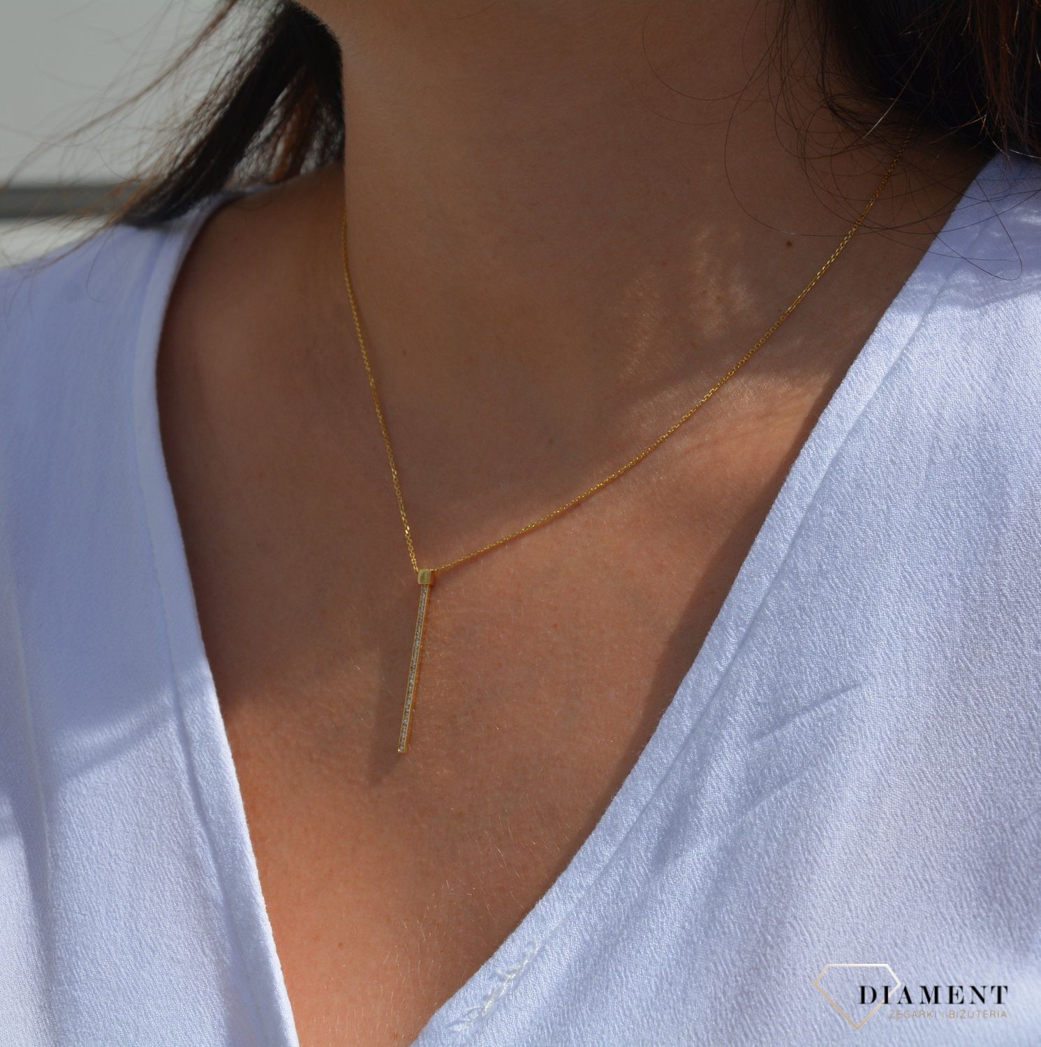 Złoty naszyjnik celebrytka 585 patyczek ozdobiony cyrkonią.jpg